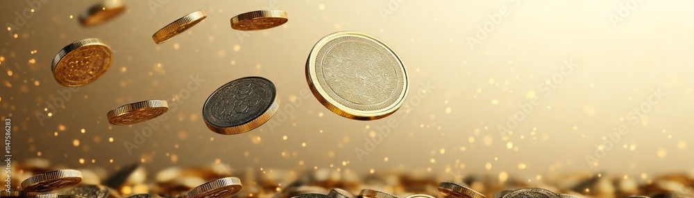 Poster a dynamic display of coins in motion against a shimmering golden background, symbolizing wealth and 