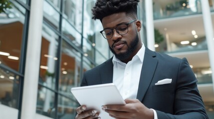 Businessman Engaged with AI Powered Application Displayed on Tablet in Modern Office Environment