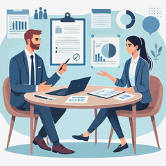 Partners meeting for business discussion with documents and laptop on desk. Couple at round table, speaking, discussing work, partnership. Flat vector illustration isolated on white background