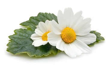 Fototapeta premium Two white daisies with yellow centers rest on vibrant green leaves, isolated on a white background.