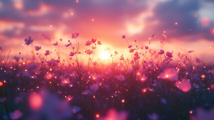 Magical Field with Flowers Under a Soft Sunset Glow

