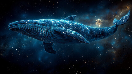 A cosmic whale swimming through a starry sky filled with galaxies and nebulae.
