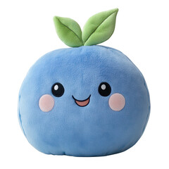 Blue anthropomorphic fruit plush toy with leaf accessory, transparent PNG for children's products marketing