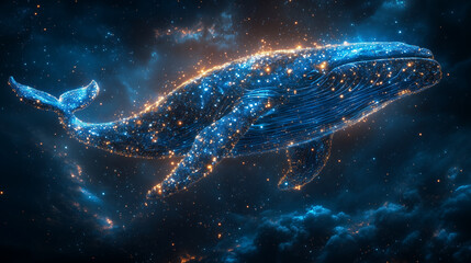A cosmic whale appears to swim majestically through a dark blue background filled with stars and clouds, its glowing, star-filled body creating a celestial and fantastical ambiance.