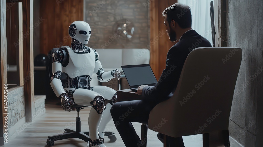 Aufkleber man in suit sits opposite a humanoid robot in a modern home office, using a laptop.