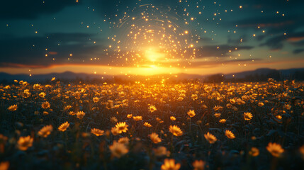 A romantic sunset field of yellow flowers, lit by the warm glow of the setting sun, with glowing sparks and fireflies in the air, set against distant mountains and a tranquil sky.