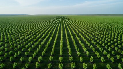 Aerial View of Expansive Reforestation Area Featuring Neatly Organized Rows of Young Trees Under Clear Sky