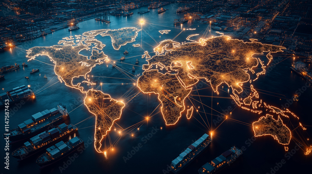Poster global network illuminated: a mesmerizing aerial view of the world map, depicted as a network of int