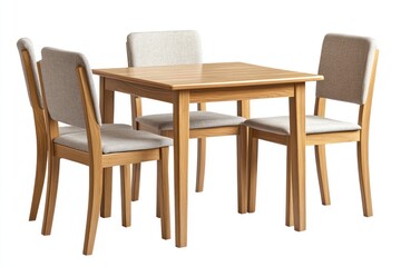 Square wooden dining table with four light grey fabric chairs isolated on white.