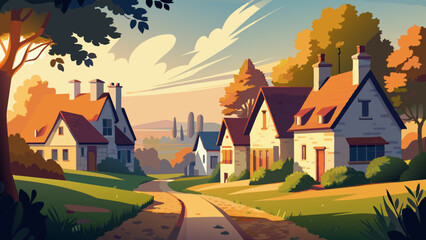 Naklejka premium Idyllic Suburban Neighborhood at Sunset with Autumn Foliage