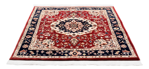 Traditional Persian-style red carpet with intricate floral patterns, isolated on white background