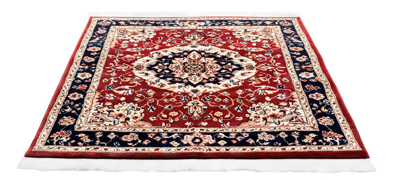 Traditional Persian-style red carpet with intricate floral patterns, isolated on white background