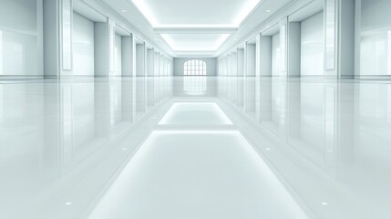 Fototapeta premium Symmetrical empty white corridor with reflective glossy floor and bright ceiling lights in a modern minimalist building.