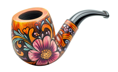 Vintage smoking pipe with vibrant floral patterns, isolated on transparent cutout background