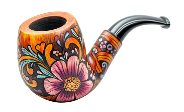 Vintage smoking pipe with vibrant floral patterns, isolated on transparent cutout background