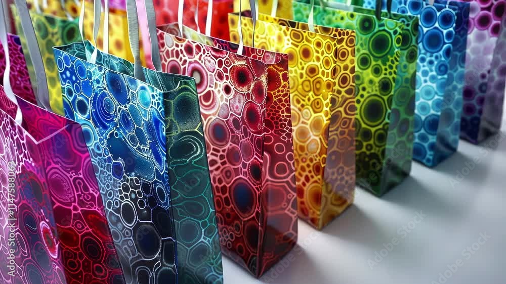 Poster a selection of tote bags and purses printed with a spectrum of particle colors and shapes ideal for 