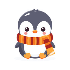 cute baby penguin in autumn scarf isolated on white background flat illustration