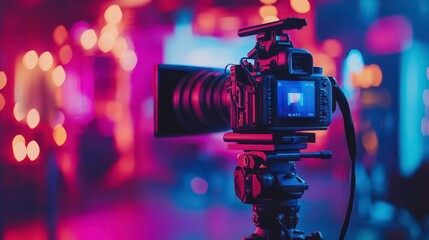 DSLR camera on tripod filming a vibrant concert.