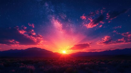 Obraz premium Sunset, starry sky, mountains, desert, vibrant colors.