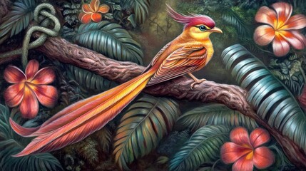Naklejka premium Exotic bird with long tail perched on branch in lush tropical rainforest.