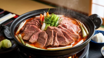 Delicious spicy beef Shabu Shabu simmering in a steaming hot pot, a flavorful Japanese dish