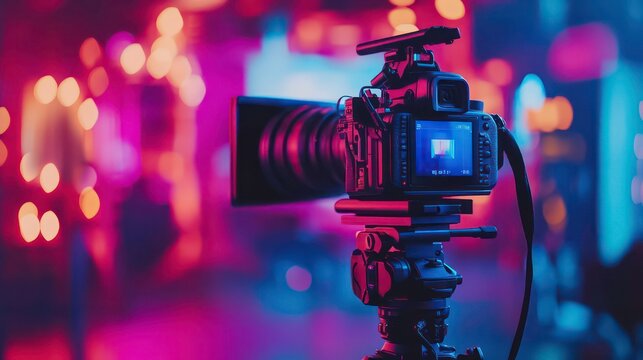 DSLR camera on tripod filming a vibrant concert.