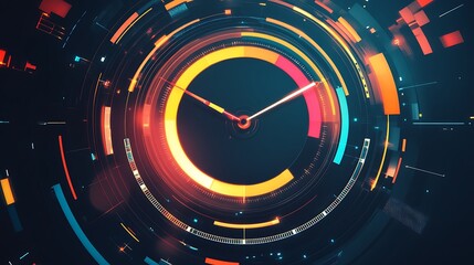 Abstract circular futuristic technology interface with glowing elements and clock hands.