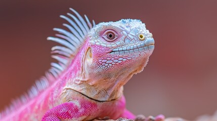 Obraz premium Close-up portrait of a vibrant pink and white iguana with sharp dorsal spines against a soft blurred background.