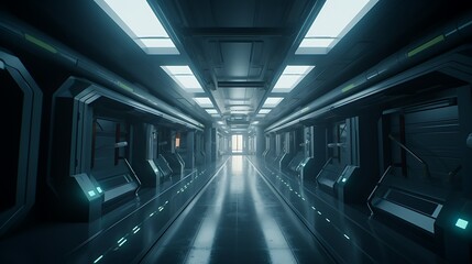Obraz premium Futuristic spaceship corridor with glowing panels and doors.