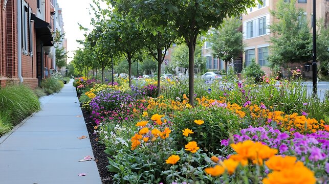 A sidewalk garden in an urban neighborhood, where colorful flowers and small trees are planted to enhance the walkability of the area 