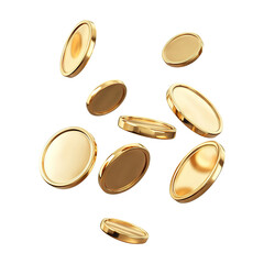 Floating gold coins in motion, isolated on transparent cutout background	