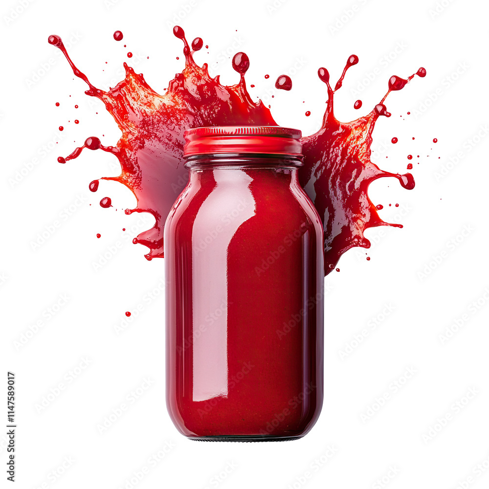 Poster vibrant red juice in a jar with dynamic splash effect, isolated on transparent cutout background