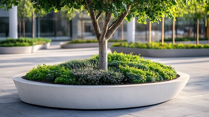 A close-up of a healthy urban tree planted in a large concrete planter, surrounded by small decorative shrubs, showcasing green spaces in a city 