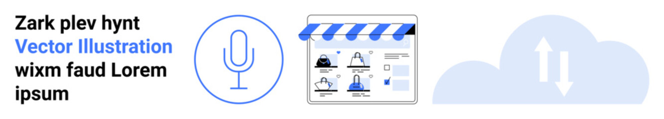 Online storefront with user profiles, microphone icon indicating voice search, and cloud sync icon. Ideal for e-commerce, user management, online shopping, voice search, cloud services, tech
