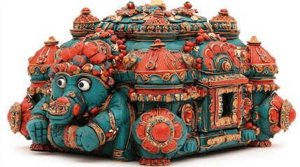 Fototapeta premium Ornate Tibetan style jewelry box adorned with turquoise and coral stones on white background.