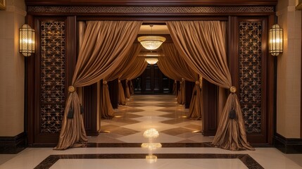 Elegant hotel hallway with brown curtains and ornate doors.