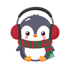 cute baby penguin in headphones isolated on transparent background flat illustration