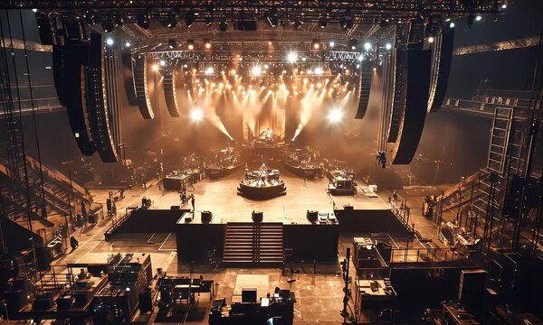 A concert stage set up with lights and equipment, ready for a performance.