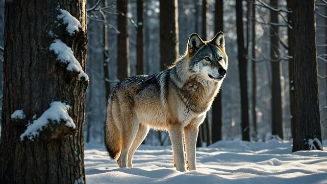 close up of wolf in winter forest