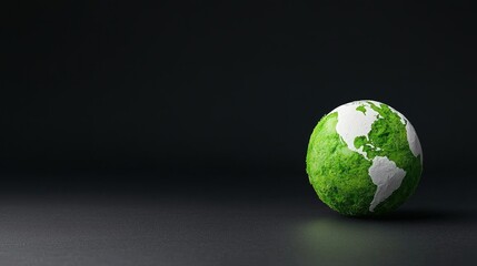 Fototapeta premium A green mossy globe representing planet Earth sits on a dark gray background, symbolizing environmental conservation and ecology.