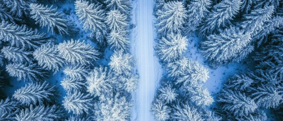 Snow-covered pine forest aerial view with road a winter landscape perspective