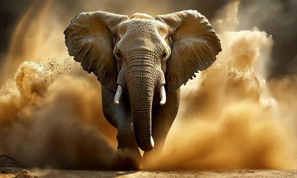 An elephant charging through dust, showcasing its strength and grace.