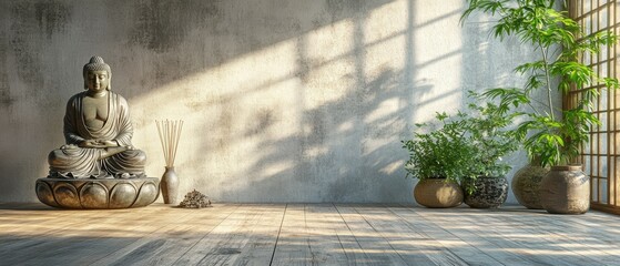 Urban retreat mindfulness meditation studio with a serene buddha statue