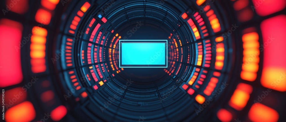 Poster underwater tunnel depth concept. a futuristic tunnel with vibrant red and orange lights surrounding 