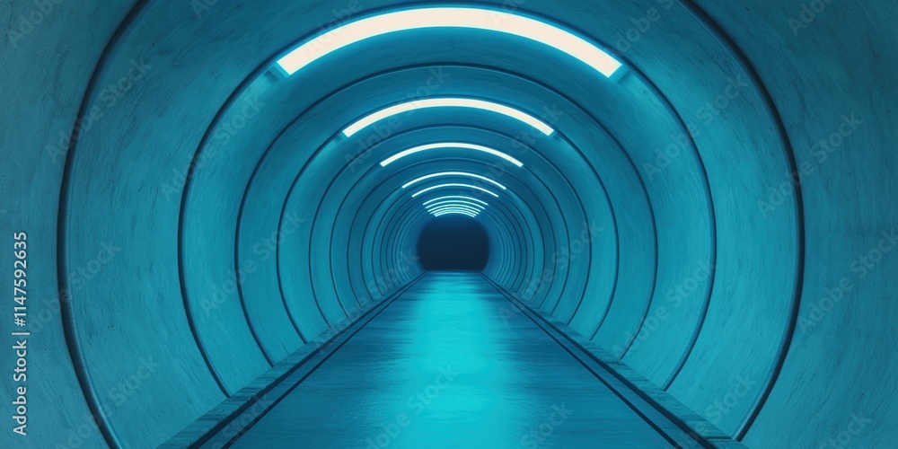 Poster underwater tunnel depth concept. a futuristic tunnel illuminated in blue light, leading into darknes