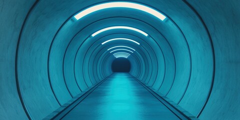 underwater tunnel depth concept. A futuristic tunnel illuminated in blue light, leading into...