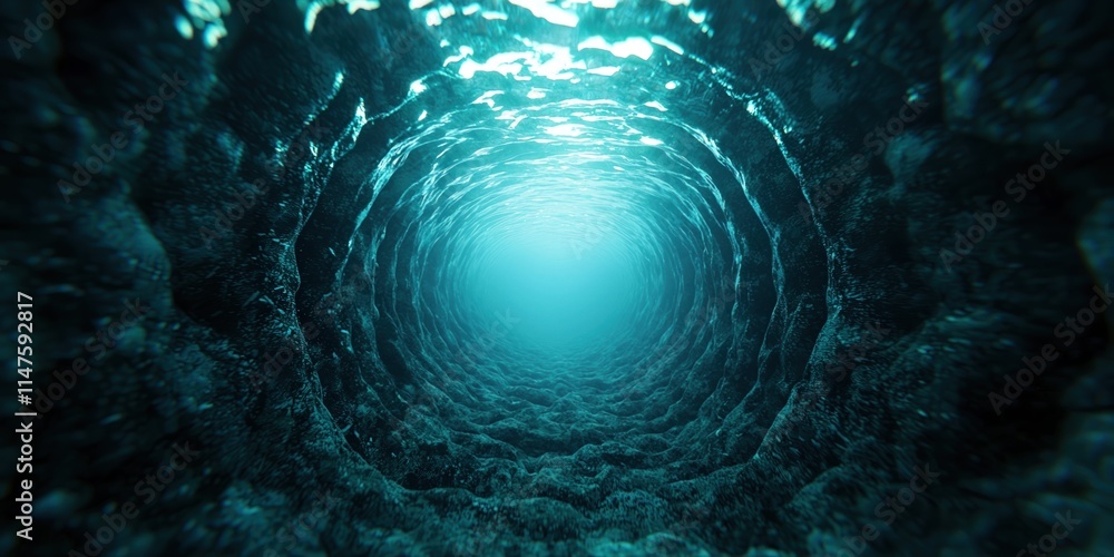 Poster underwater tunnel depth concept. a tranquil underwater scene showcasing a deep, illuminated blue tun