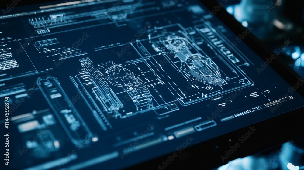 Poster technological blueprint analysis modern lab graphic display digital environment close-up view innova