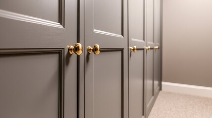 Gray custom built-in wardrobe with gold knobs.