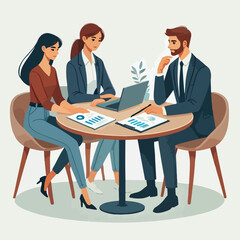 Partners meeting for business discussion with documents and laptop on desk. Couple at round table, speaking, discussing work, partnership. Flat vector illustration isolated on white background